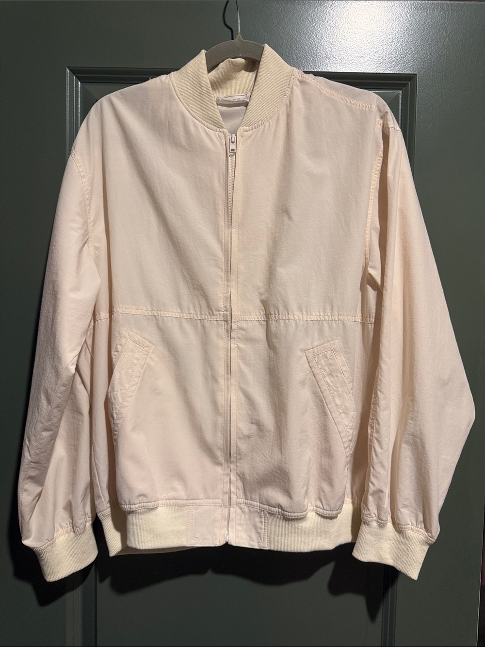 Sage Light Cream Ribbed-Collar Bomber Jacket